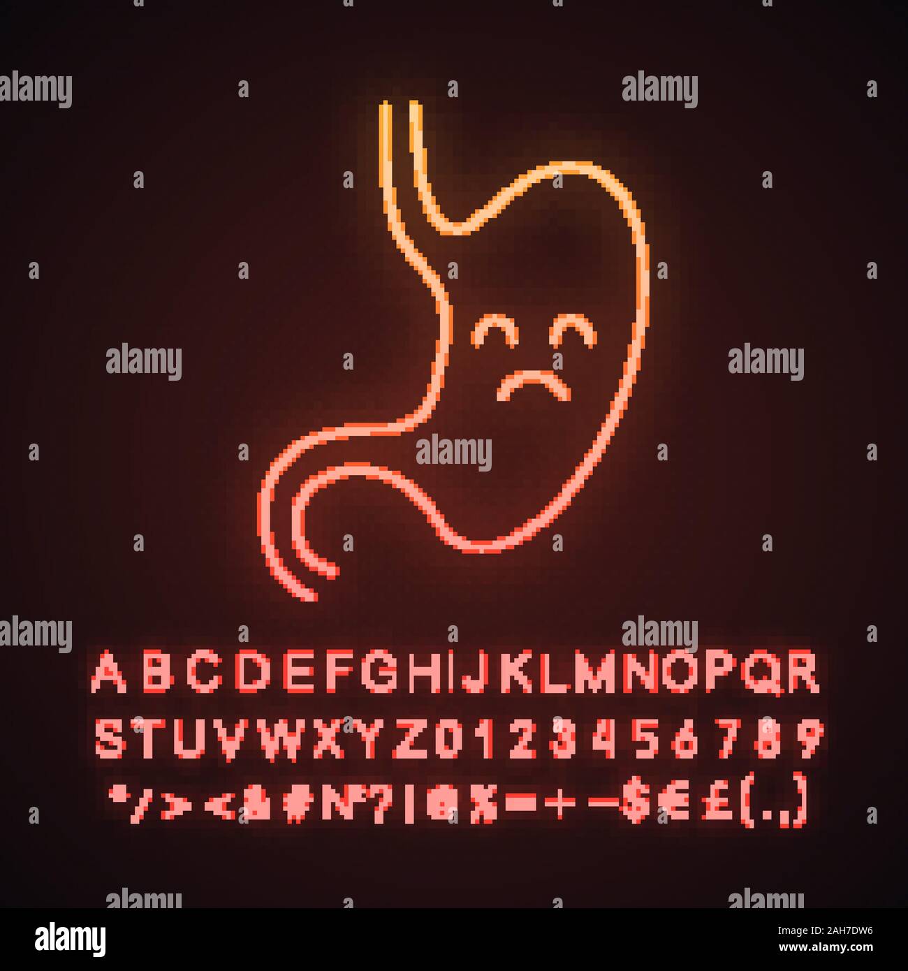 Stomaco triste luce al neon icona. Malsano sistema digestivo. Malattia del tratto gastrointestinale, problema. Indigestione. Segno incandescente con alfabeto, numeri e Illustrazione Vettoriale