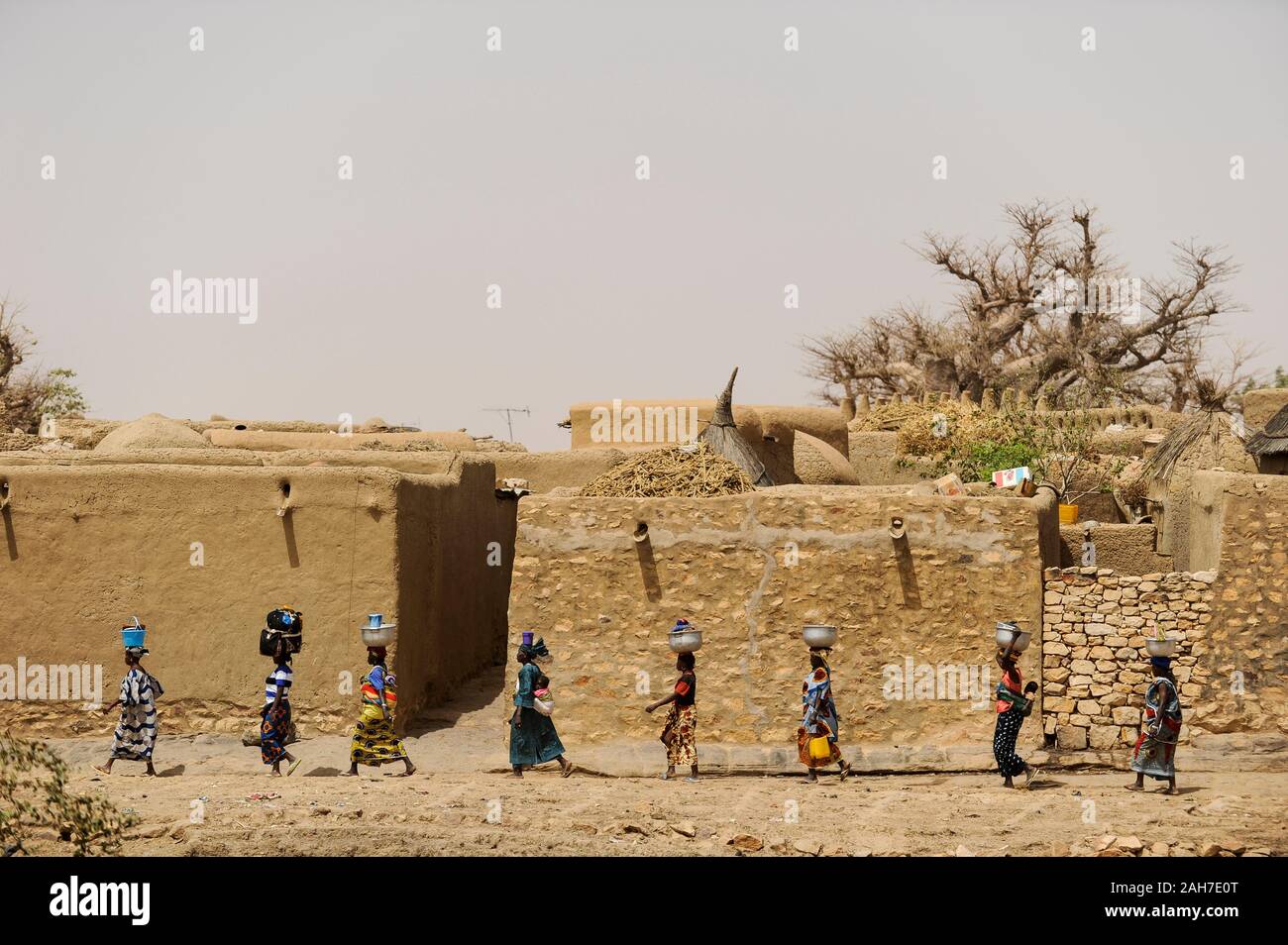 MALI, Bandiagara, Dogonland, habitat dell'etnia Dogon, villaggio Dogon con case di argilla e Baobab Foto Stock