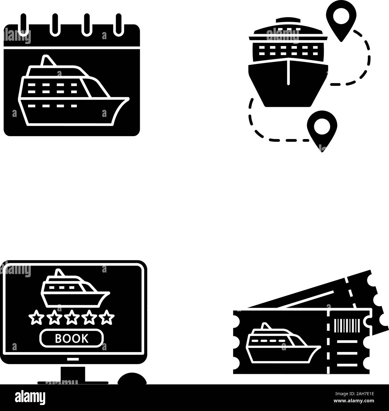 Glifo Cruise set di icone. Estate viaggio. Agenzia di viaggi. Crociera data di partenza, itinerari di viaggio, prenotazione online, escursione biglietti. Simboli di Silhouette. Illustrazione Vettoriale