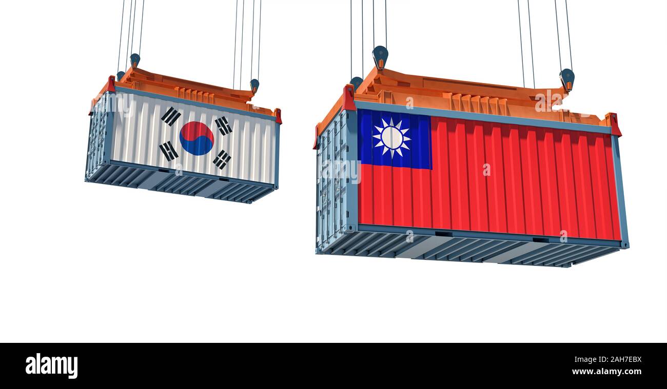 Contenitore per trasporto con la Corea del Sud e di Taiwan bandiera nazionale. Il rendering 3D Foto Stock