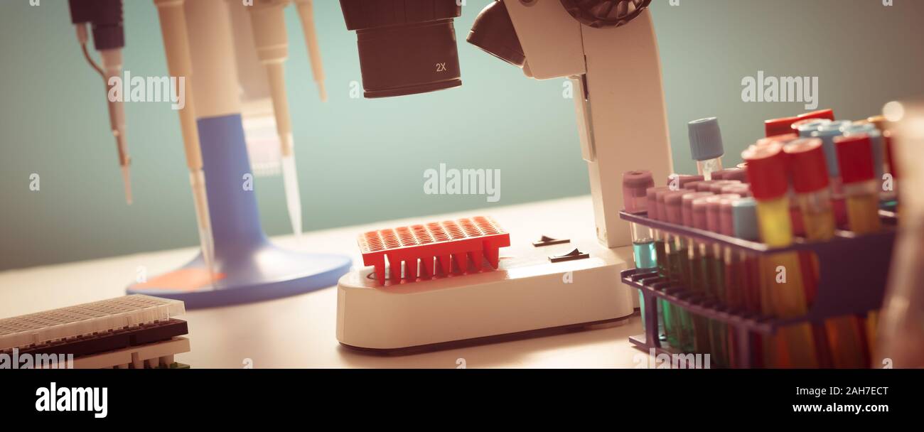 Laboratorio di ricerca genetica. Le piastre PCR e pipette multicanale Foto Stock