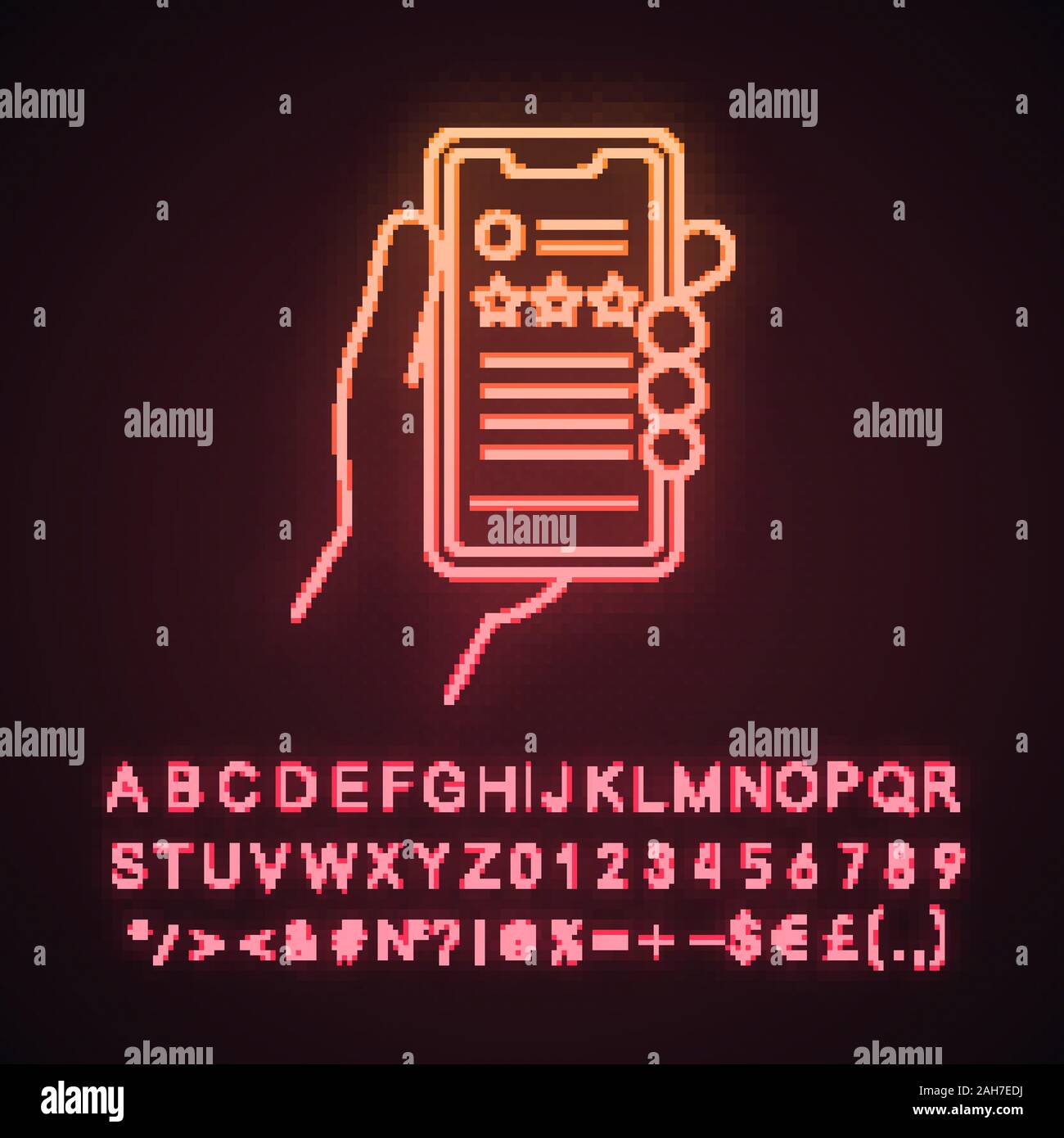 App rating luce al neon icona. Il feedback del cliente applicazione. Classifica. Recensioni. Mano azienda smartphone. Segno incandescente con alfabeto, numeri e simboli. Illustrazione Vettoriale