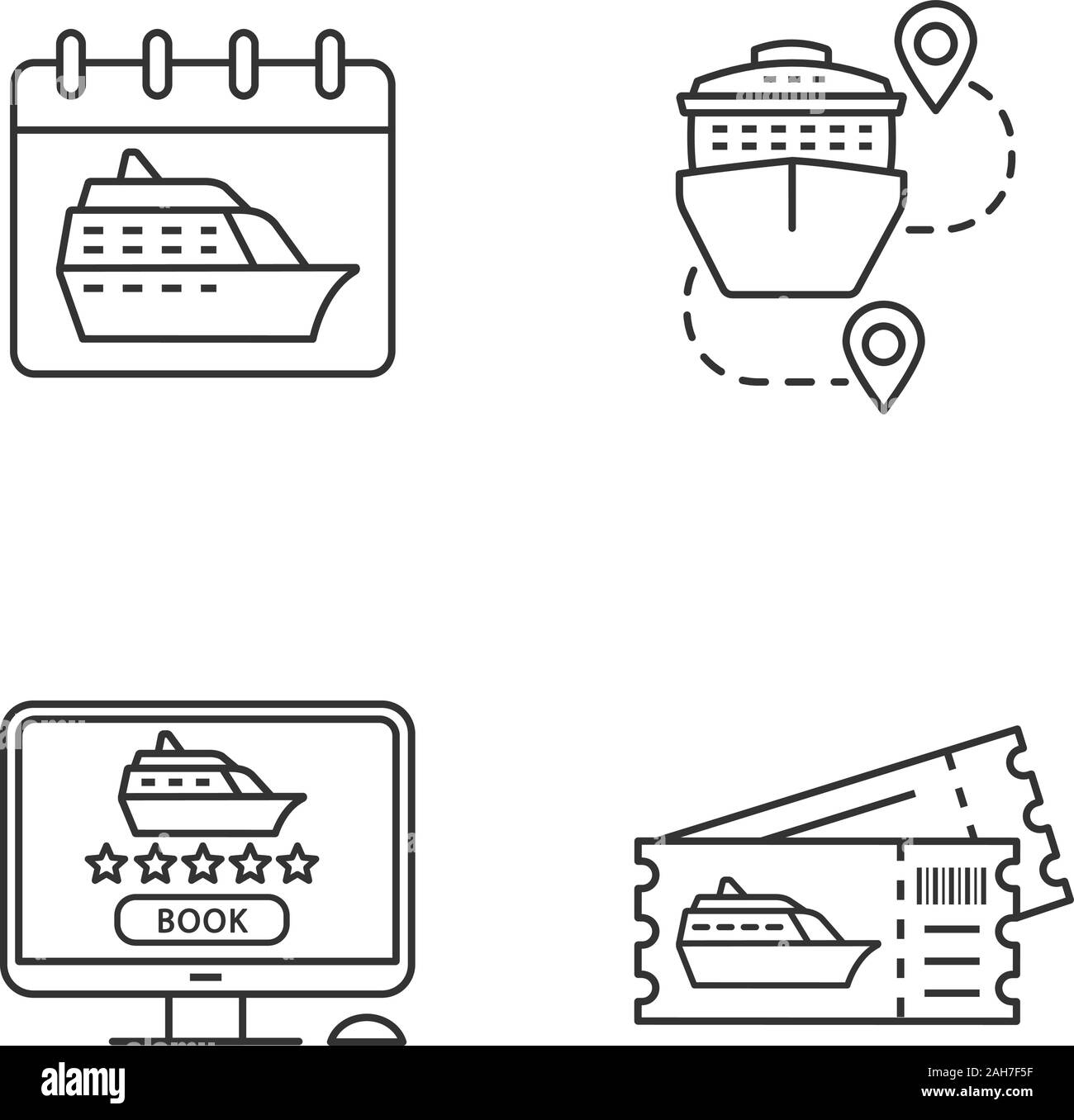 Regolatore lineare di set di icone. Agenzia di viaggi. Crociera data di partenza, itinerari di viaggio, prenotazione online, escursione biglietti. Linea sottile simboli di contorno. Isolat Illustrazione Vettoriale