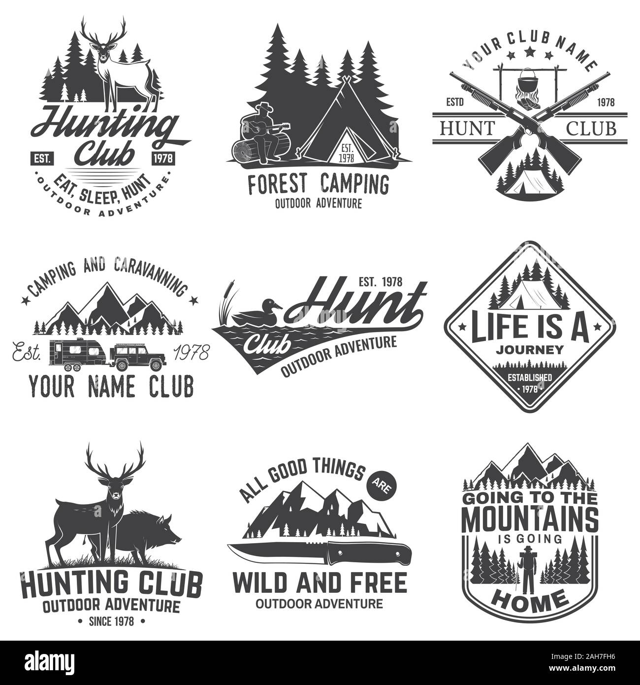 Set di caccia e club di escursionismo club badge. Vettore. Concetto per una camicia o un logo, Stampa, Timbro. Design vintage con rimorchio rv, tenda da campeggio, il cinghiale, il cervo e la silhouette della foresta Illustrazione Vettoriale