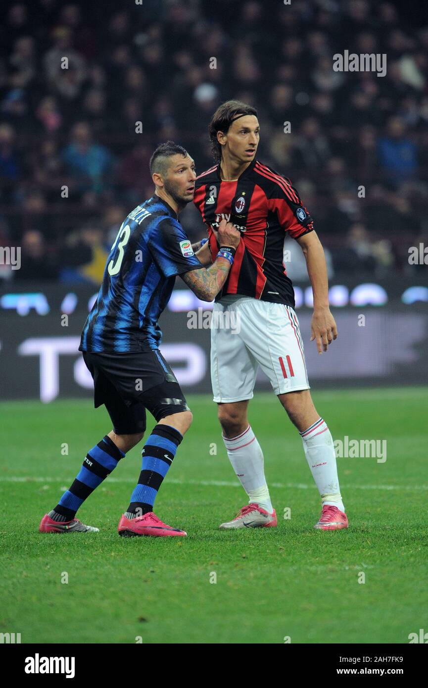 Milano, 15 novembre 2010,G.MEAZZA, campionato di calcio Seria A 2010/2011,FC Inter - AC Milan:Marco Materazzi e Zlatan Ibrahimovic Foto Stock