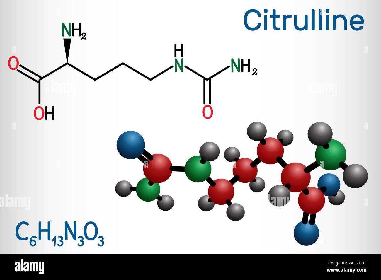 Citrullina C6H13N3O3, alfa amminoacido molecola. Formula chimica di struttura e la molecola modello. Illustrazione Vettoriale Illustrazione Vettoriale