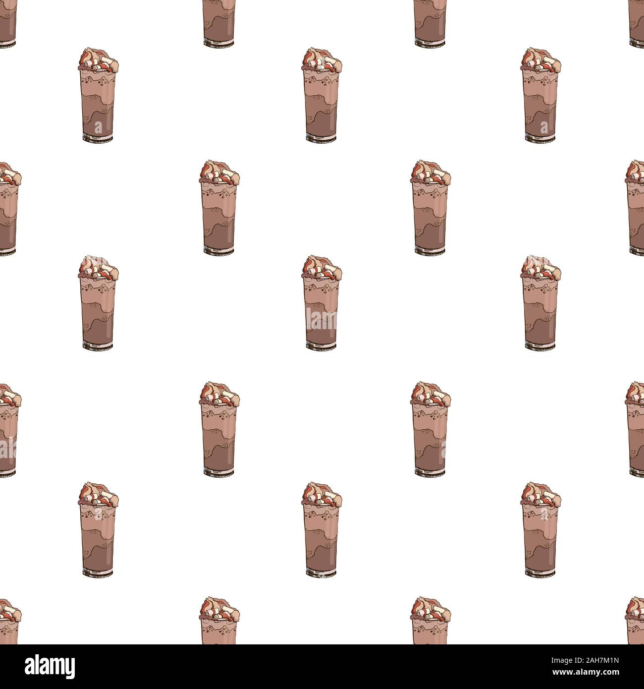 Illustrazione di cibo vettoriale in colori di cioccolato. Colorato disegno a mano senza cuciture con le bevande popolari isolato su bianco. Positivo dolce moda Illustrazione Vettoriale
