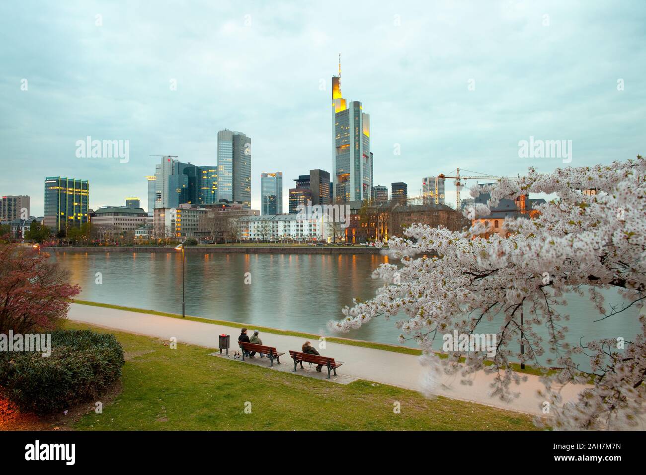 Skyline della città e del fiume Main, Francoforte Hesse, Germania Foto Stock