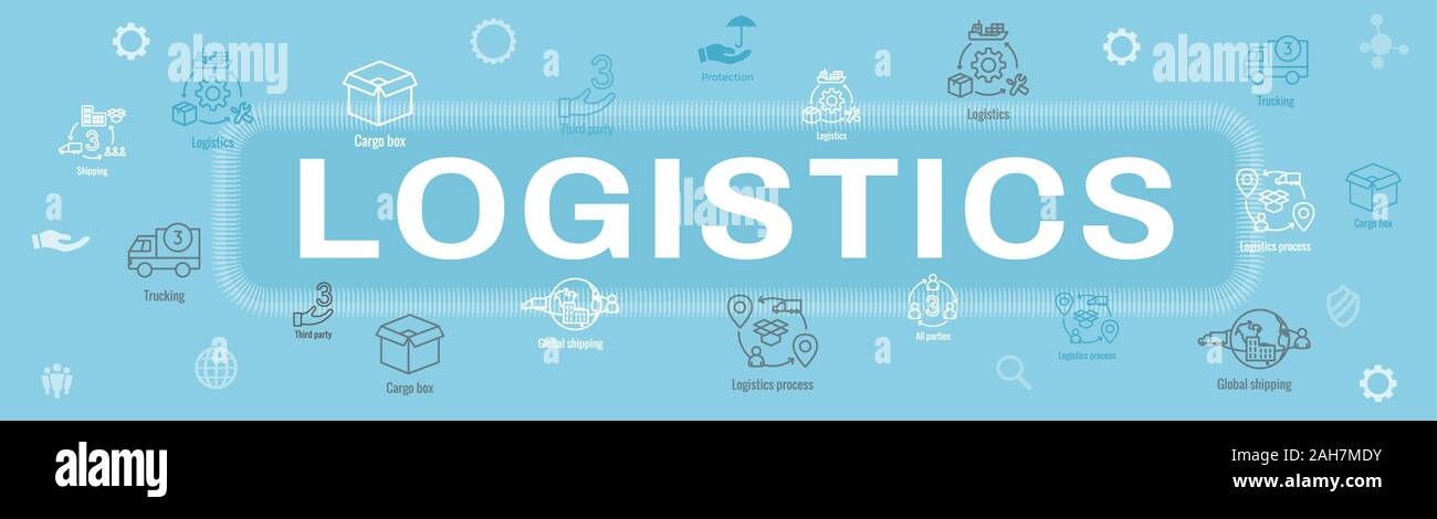 La logistica di set di icone e web banner di intestazione w edifici, autotrasporti, persone e nella confezione per la spedizione Illustrazione Vettoriale