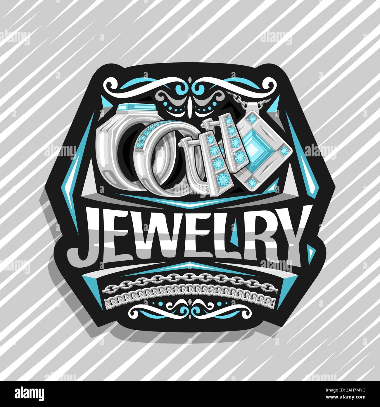 Il logo del vettore per la gioielleria, scuro etichetta decorativo con illustrazione di una serie di anelli di platino, orecchini con serratura inglese e argento pendente con blu brillante Illustrazione Vettoriale