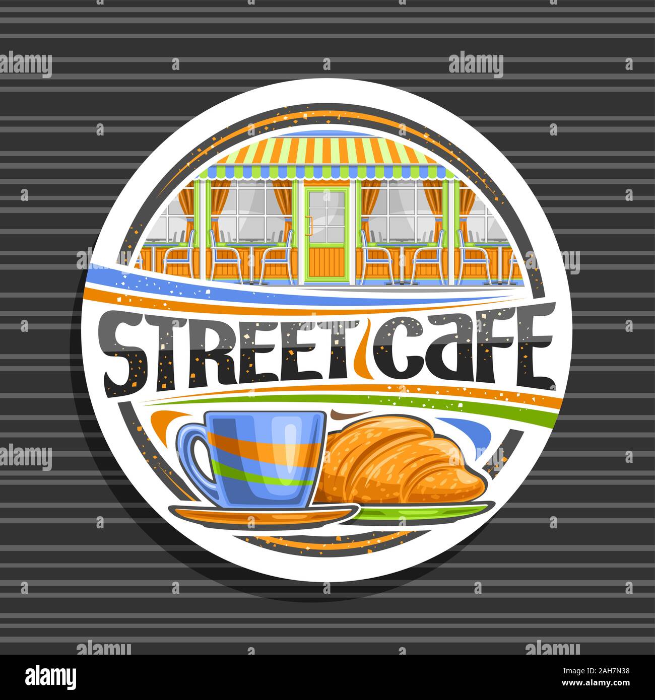 Il logo del vettore per Street Cafe, decorativo bianco segno bordo con illustrazione della facciata con finestre di estate ristorante moderno, carattere tipografico originale per w Illustrazione Vettoriale
