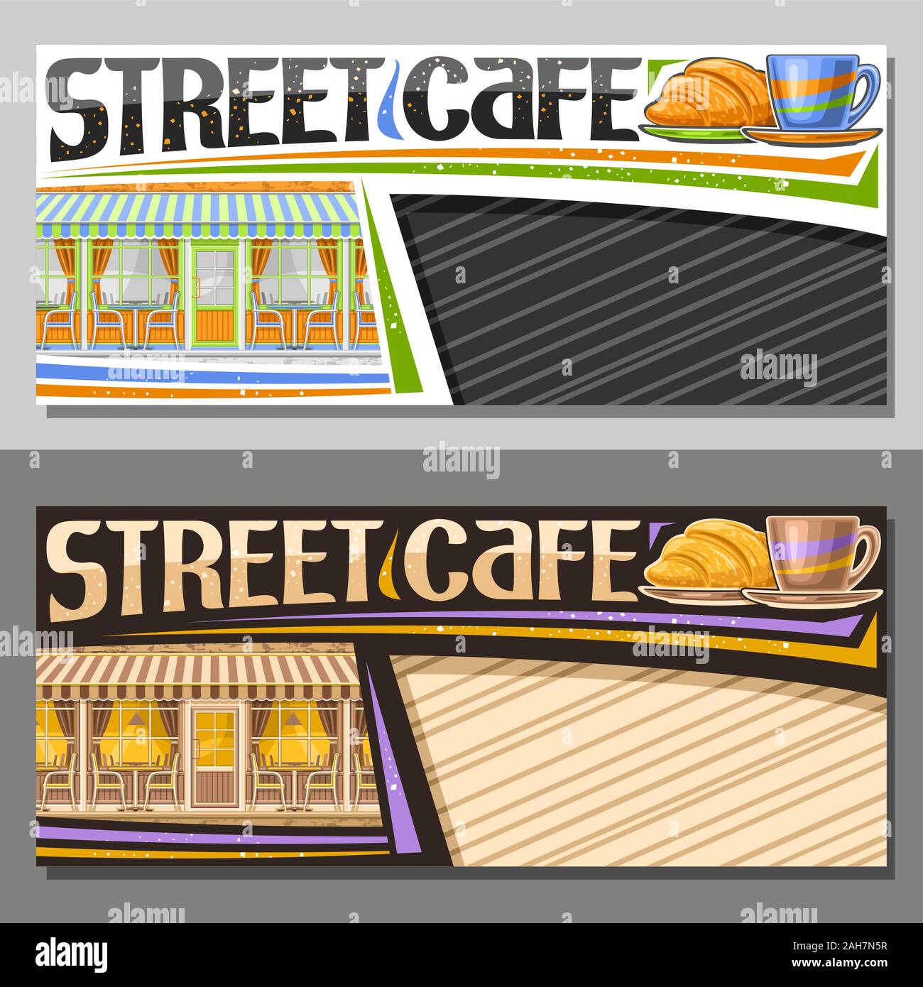 Formati vettoriali per Street Cafe con spazio copia, decorativi voucher per la promo con tazza di caffè e croissant, carattere tipografico originale per parole street cafe, s Illustrazione Vettoriale