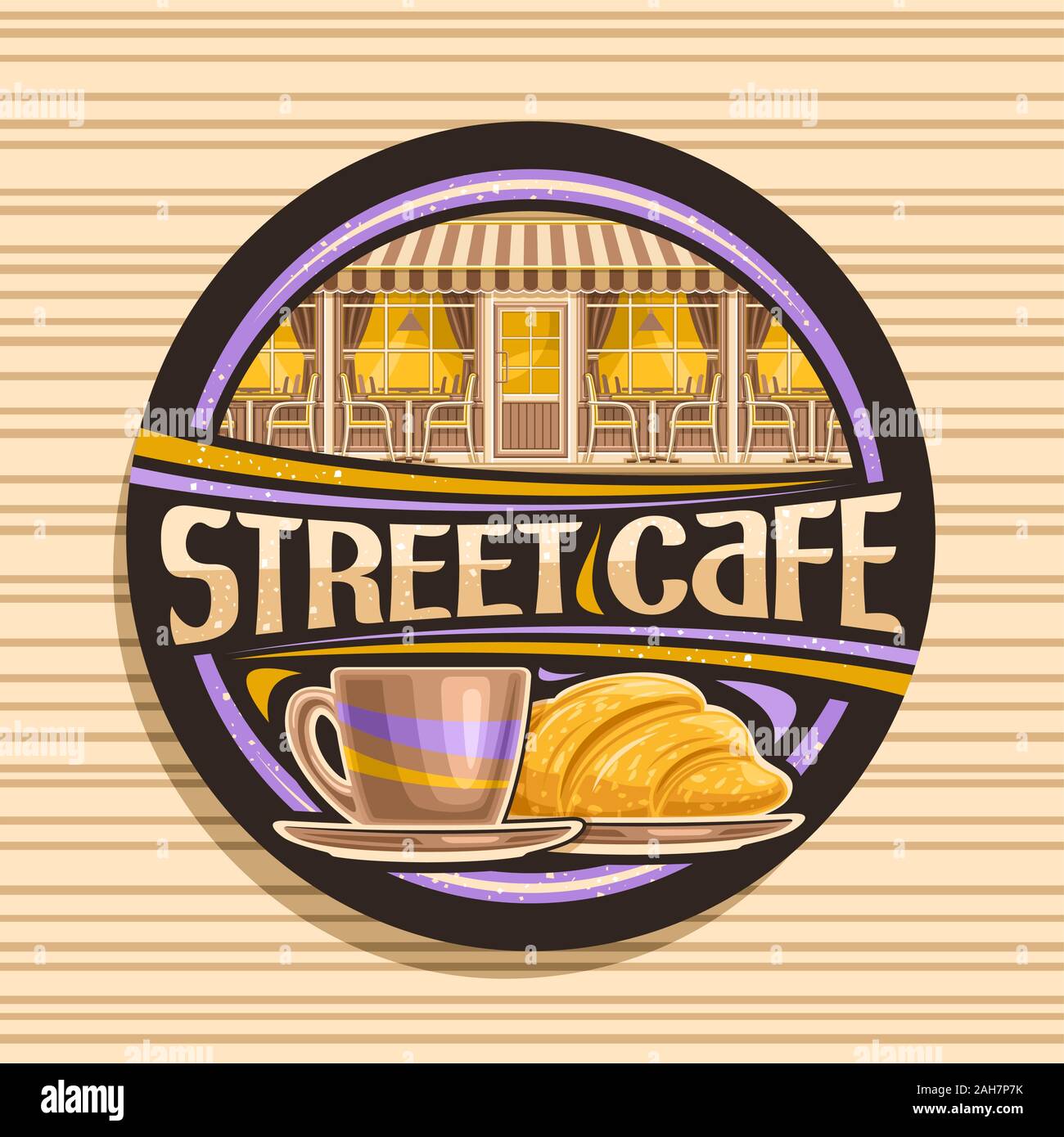 Il logo del vettore per Street Cafe, scuro cartello decorativo con illustrazione della facciata con finestre illuminate del ristorante moderno, carattere tipografico originale per wo Illustrazione Vettoriale