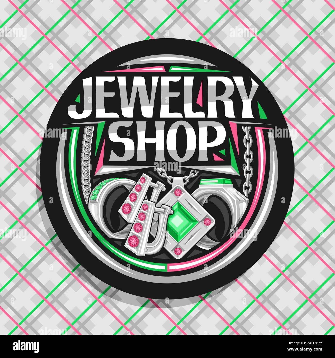 Il logo del vettore per gioielleria, scuro segno decorativo stampato con set di anelli di platino, orecchini con serratura inglese e argento pendente con preziosi verde Illustrazione Vettoriale