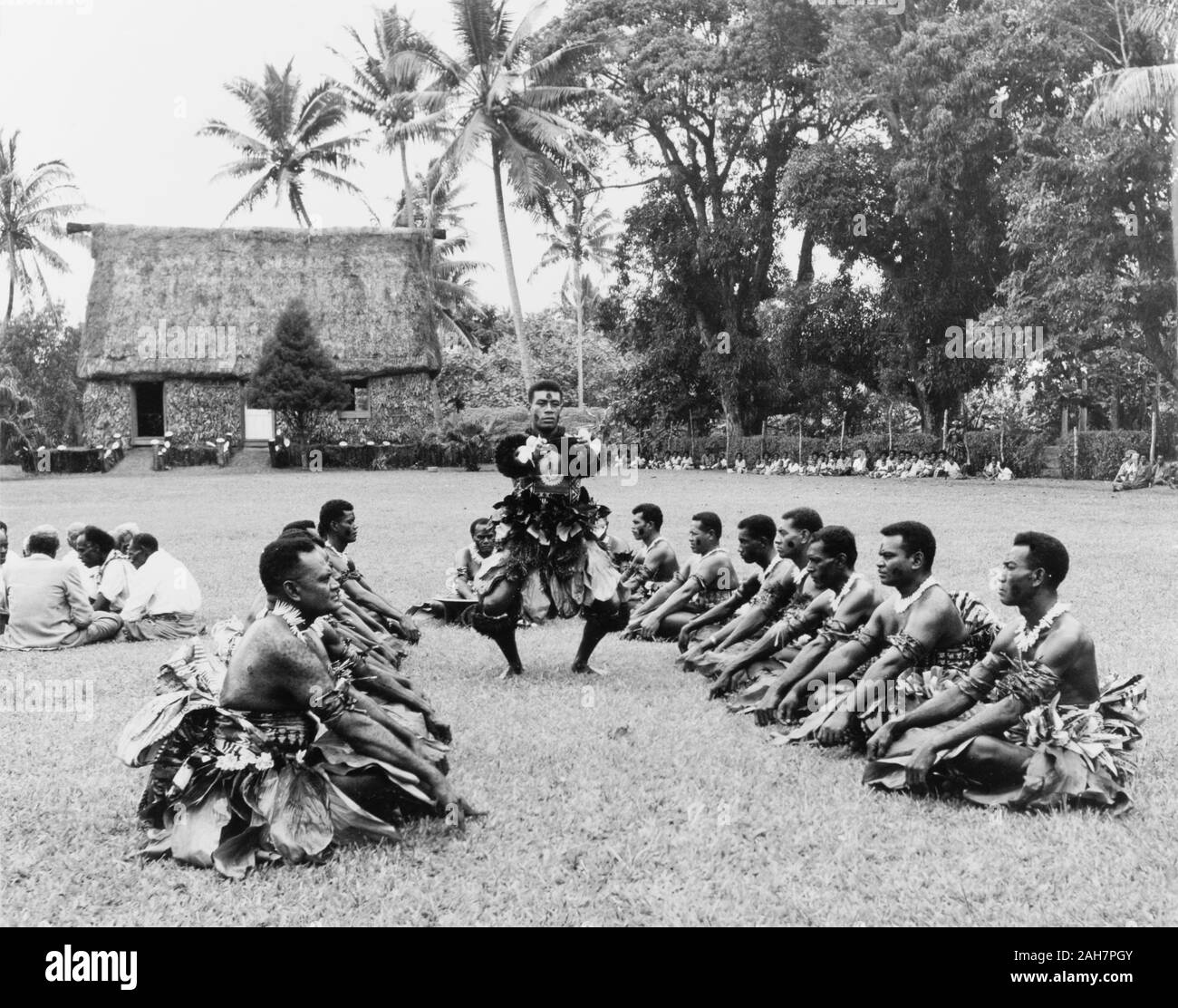 Isole Figi, preparazioni per un 'Sevusevu' ceremonyA gruppo di uomini Fijiano eseguire una complessa danza prima di un tradizionale 'Sevusevu' cerimonia di benvenuto. La maggior parte sedersi a gambe incrociate sul terreno, affacciati tra loro in due righe, mentre un altro uomo danze nel centro, la sua gambe piegate e braccia tese. Tutti indossare costumi cerimoniali compresi gonne realizzato da foglie di palma o strisce di tessuto. La didascalia recita: precedenti qualsiasi evento di importanza Yanqona devono essere preparati con elaborata cerimonia, 1965. 2005/010/1/14/55. Foto Stock