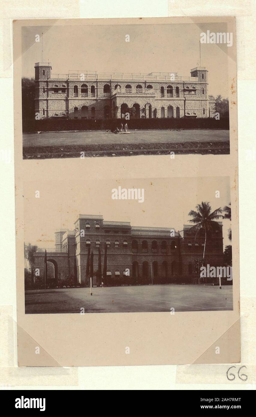 India, cartolina con due vedute esterne di un edificio coloniale, eventualmente un edificio governativo o palazzo con prati intorno, circa 1905. 2003/071/1/1/3/66. Foto Stock