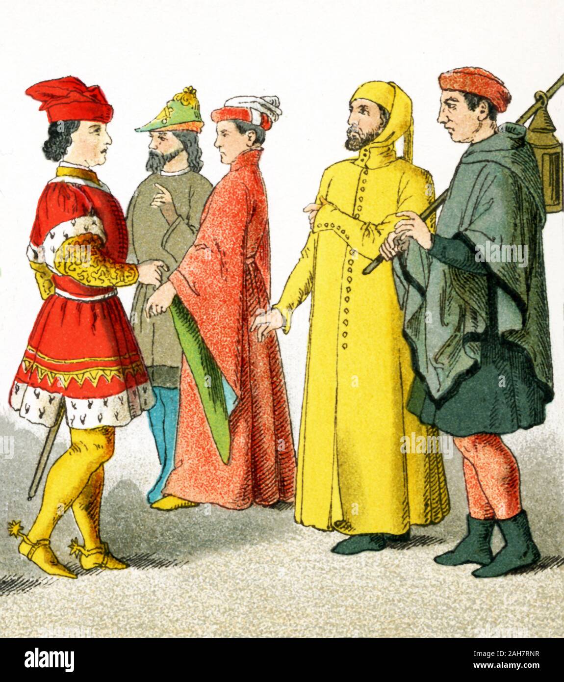 Le figure in questa immagine sono italiani dall'A.D. 1300s. Essi rappresentano, da sinistra a destra: tre uomini di rango, un cittadino e un contadino. L'illustrazione risale al 1882. Foto Stock