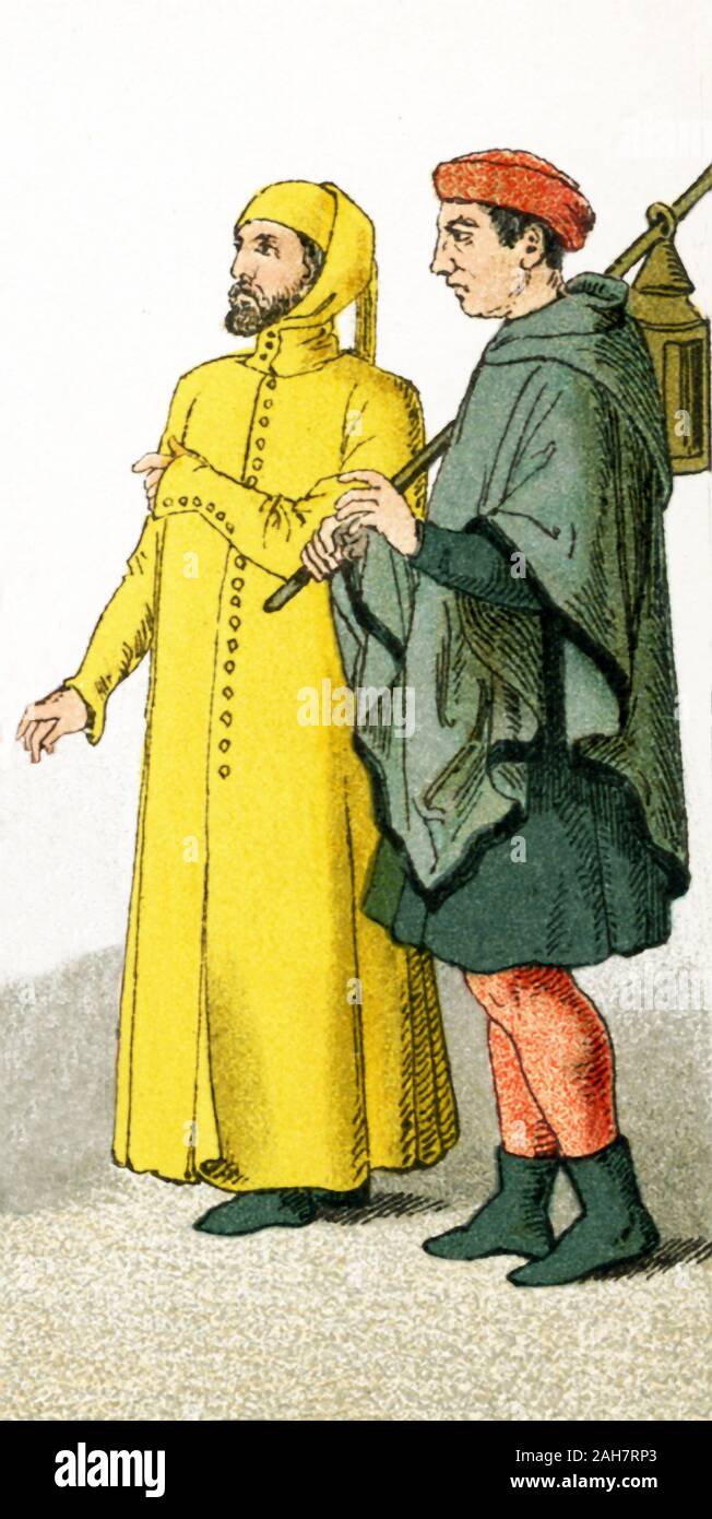 Le cifre di questa immagine rappresentano un cittadino italiano (sinistra) e contadina in A.D. 1300s. L'illustrazione risale al 1882. Foto Stock