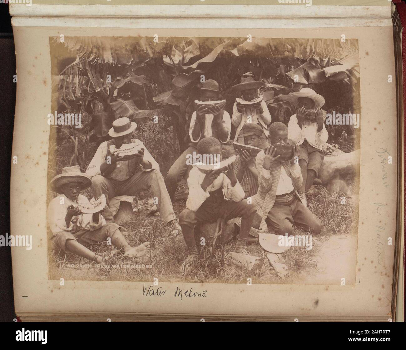 Caraibi, otto i ragazzi in un campo di mangiare i cocomeri di indossare cappelli. La didascalia recita: "L'acqua meloni', nel 1860 circa. 2005/001/151/1. Foto Stock