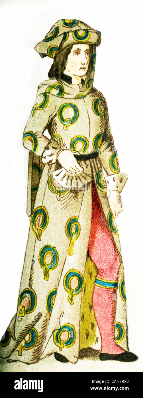 L'immagine mostra un cavaliere inglese della Giarrettiera tra 1450 e 1500. L'Ordine della Giarrettiera è il più antico e il più importante degli ordini cavallereschi in Inghilterra. Istituito intorno al 1346 da Edward III, che originariamente era stato limitato a 25 membri. L'illustrazione risale al 1882. Foto Stock