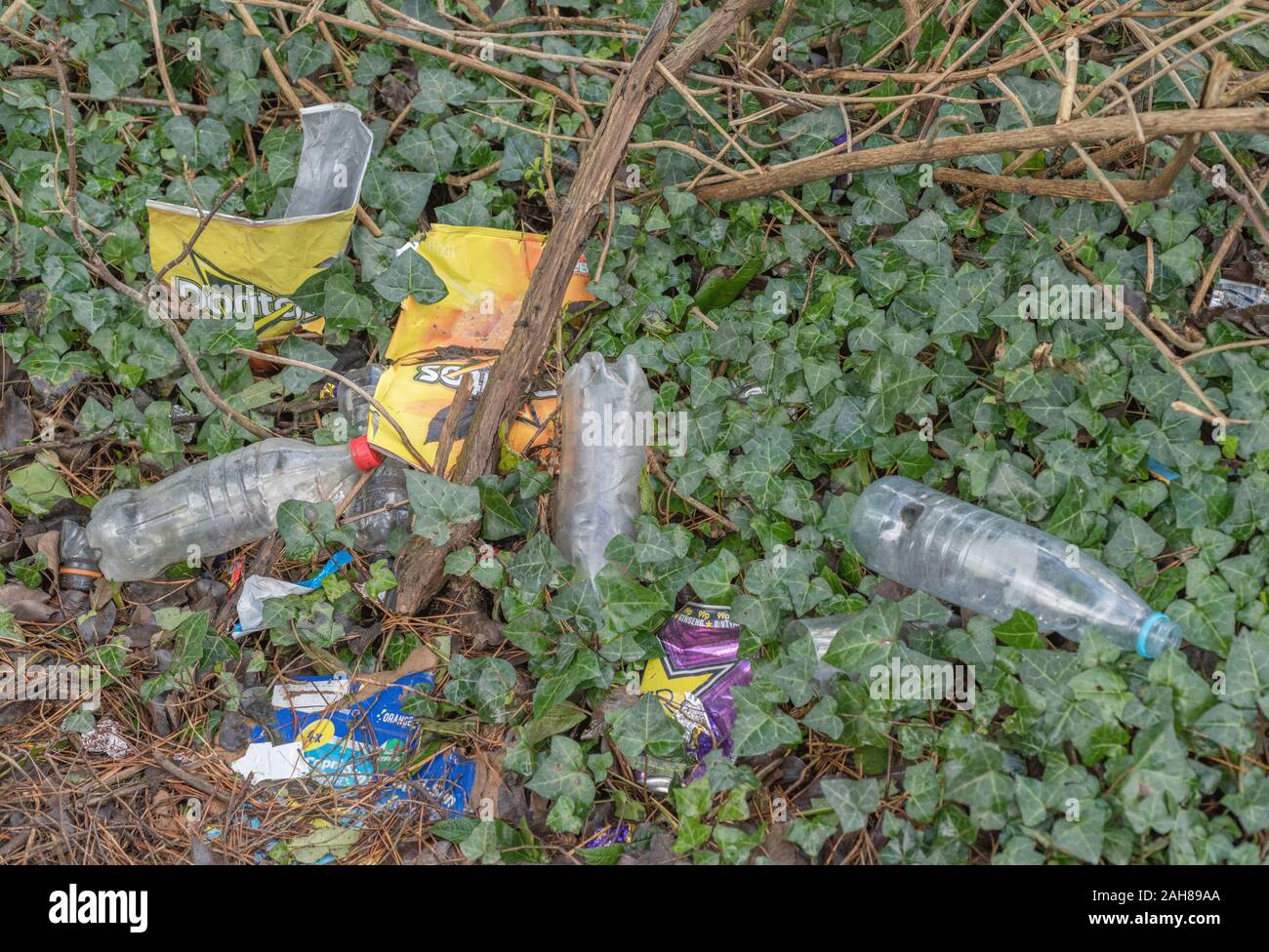 Pila di uso singola in plastica imballaggi alimentari littering un angolo di campagna. Molti marchi in modo RM solo editoriale. Campagna inquinata UK. Foto Stock