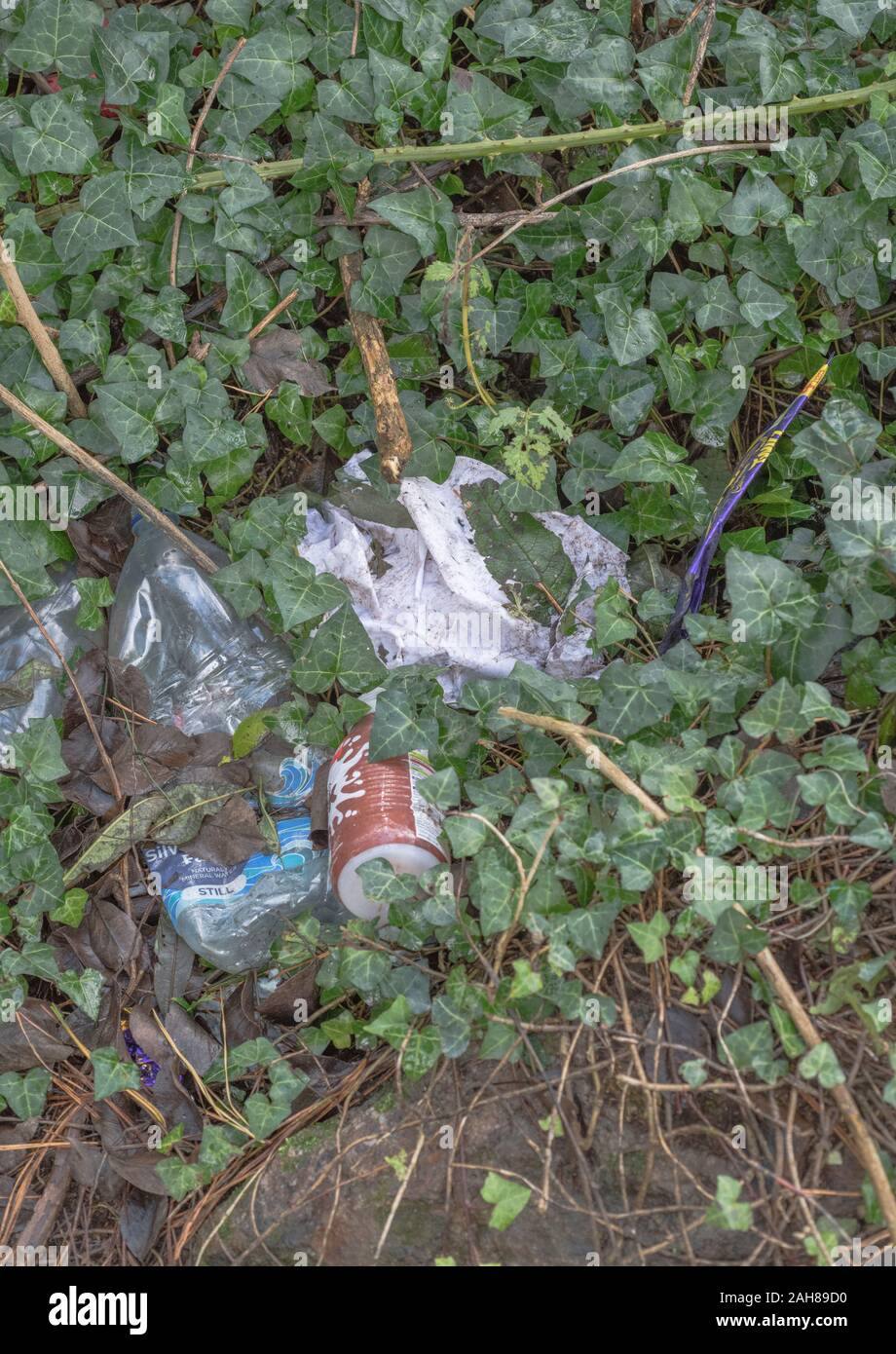 Pila di uso singola in plastica imballaggi alimentari littering un angolo di campagna. Molti marchi in modo RM solo editoriale. Campagna inquinata UK. Foto Stock