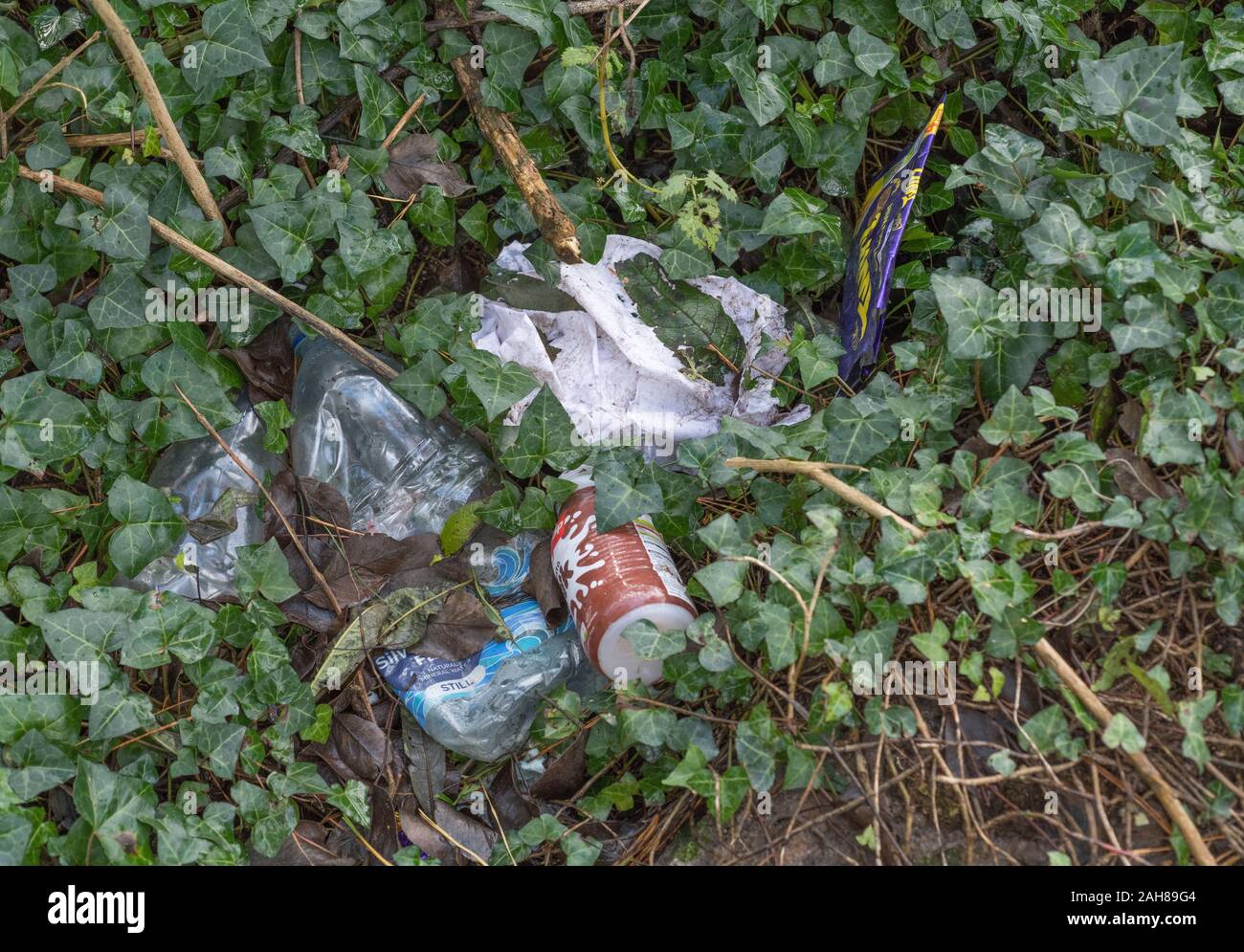 Pila di uso singola in plastica imballaggi alimentari littering un angolo di campagna. Molti marchi in modo RM solo editoriale. Campagna inquinata UK. Foto Stock