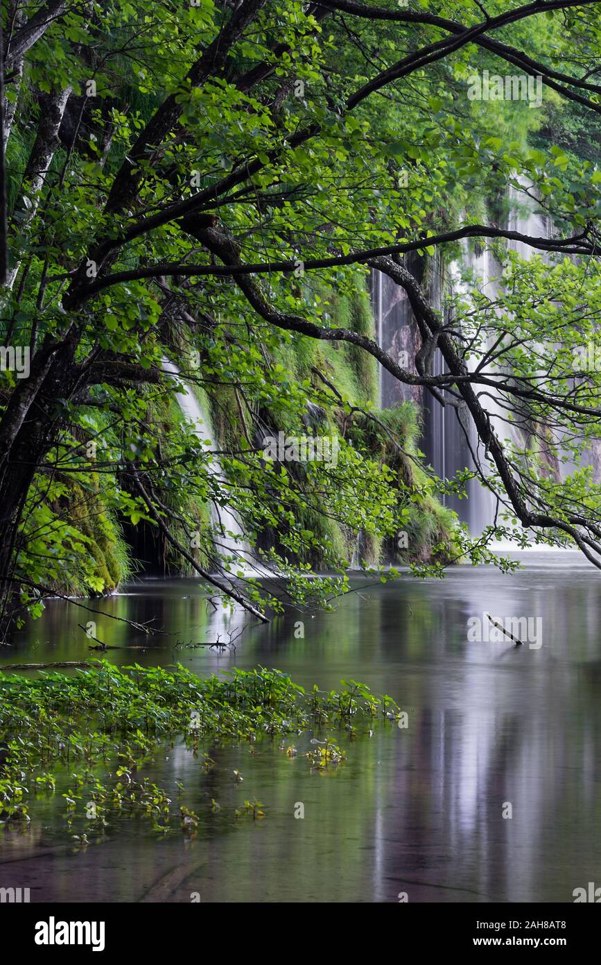 Primo piano di una iconica cascata croata, circondata da una vegetazione verde, che si riflette sulle acque di un lago Foto Stock