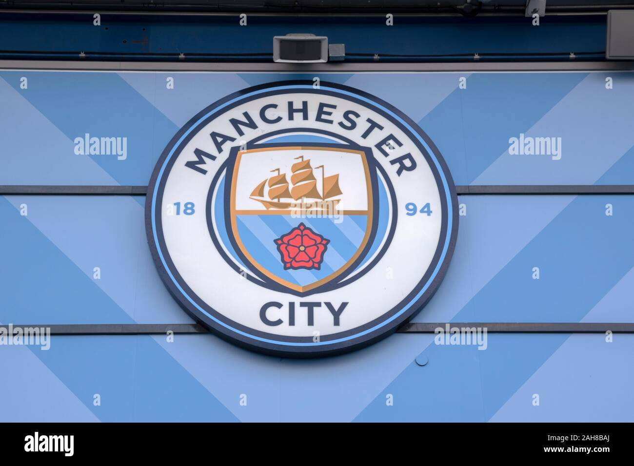 Logo Manchester City Football Club a Manchester Inghilterra 2019 Foto Stock