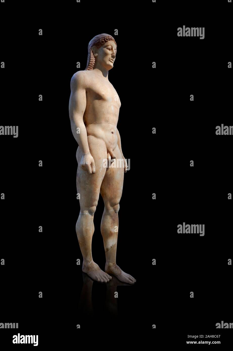 Parian marmo greco antico arcaica statua di un kouros, trovati in Grecia ANAVISSOS, Attica, circa 530 A.C. Atene Museo Archeologico Nazionale. Cat n. 3851. Foto Stock