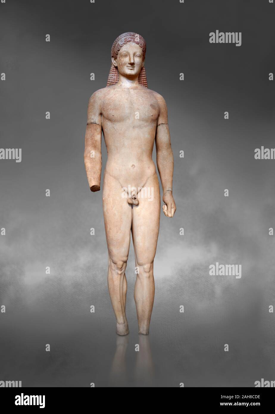 Parian marmo greco antico arcaica statua di un kouros, trovati in merenda, Attica, circa 540-530 A.C. Atene Museo Archeologico Nazionale. Cat n. 4890 Foto Stock