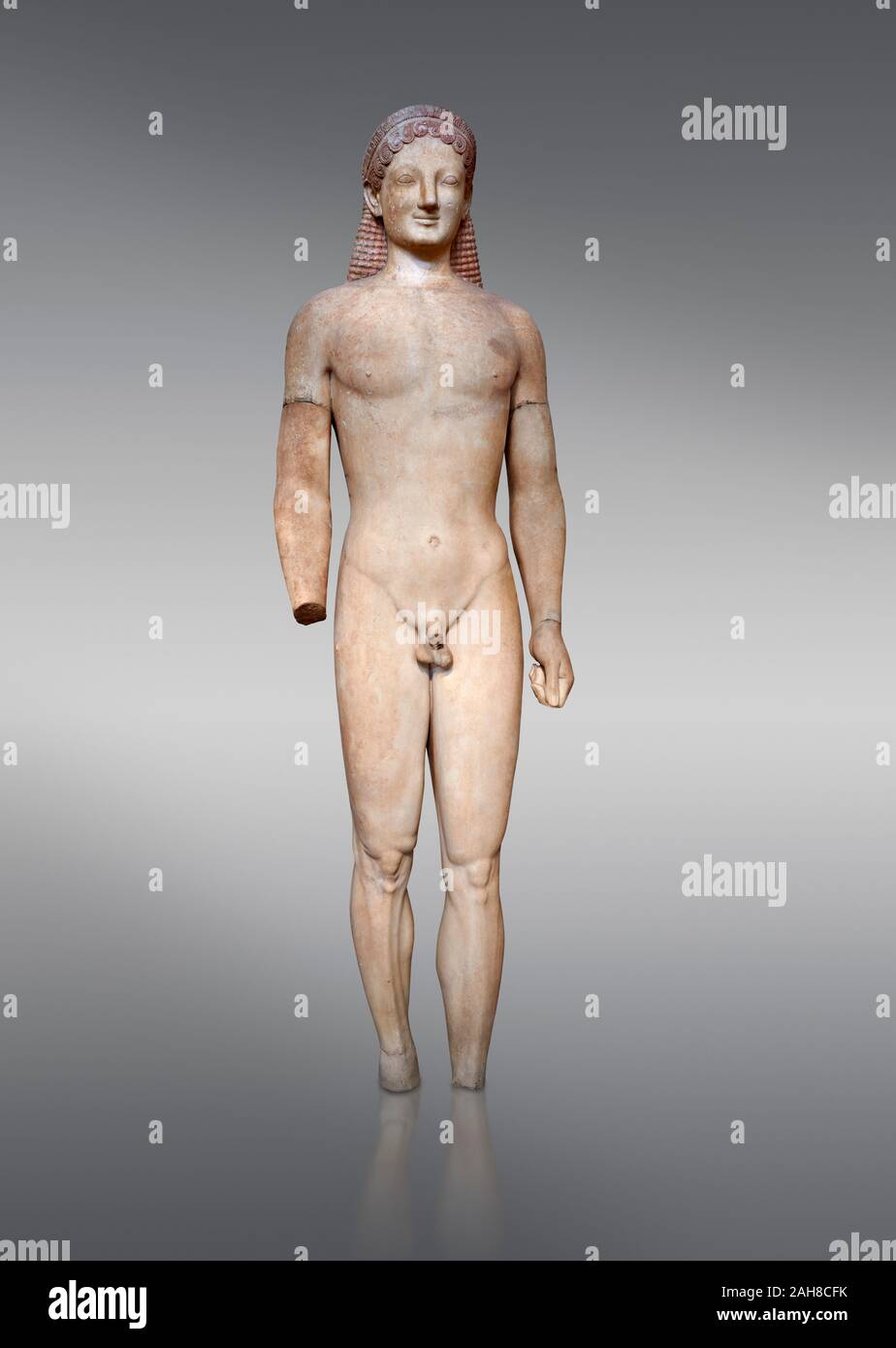 Parian marmo greco antico arcaica statua di un kouros, trovati in merenda, Attica, circa 540-530 A.C. Atene Museo Archeologico Nazionale. Cat n. 4890 Foto Stock