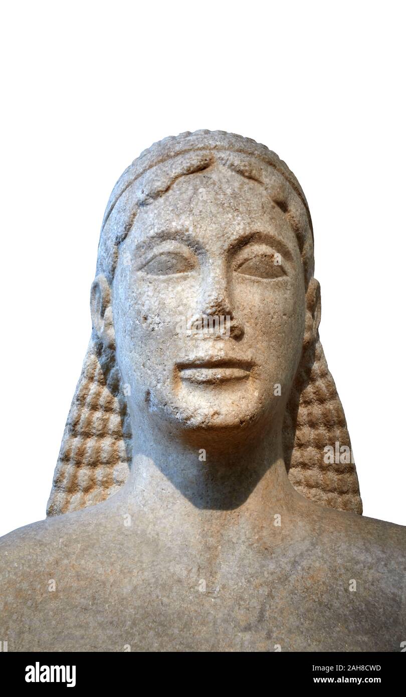 Naxian marmo greco antico arcaica statua di un kouros, trovati in Ptoan Apolla Sactuary, Beozia, metà del VI sec. A.C. Atene Archeologico Nazionale Museu Foto Stock