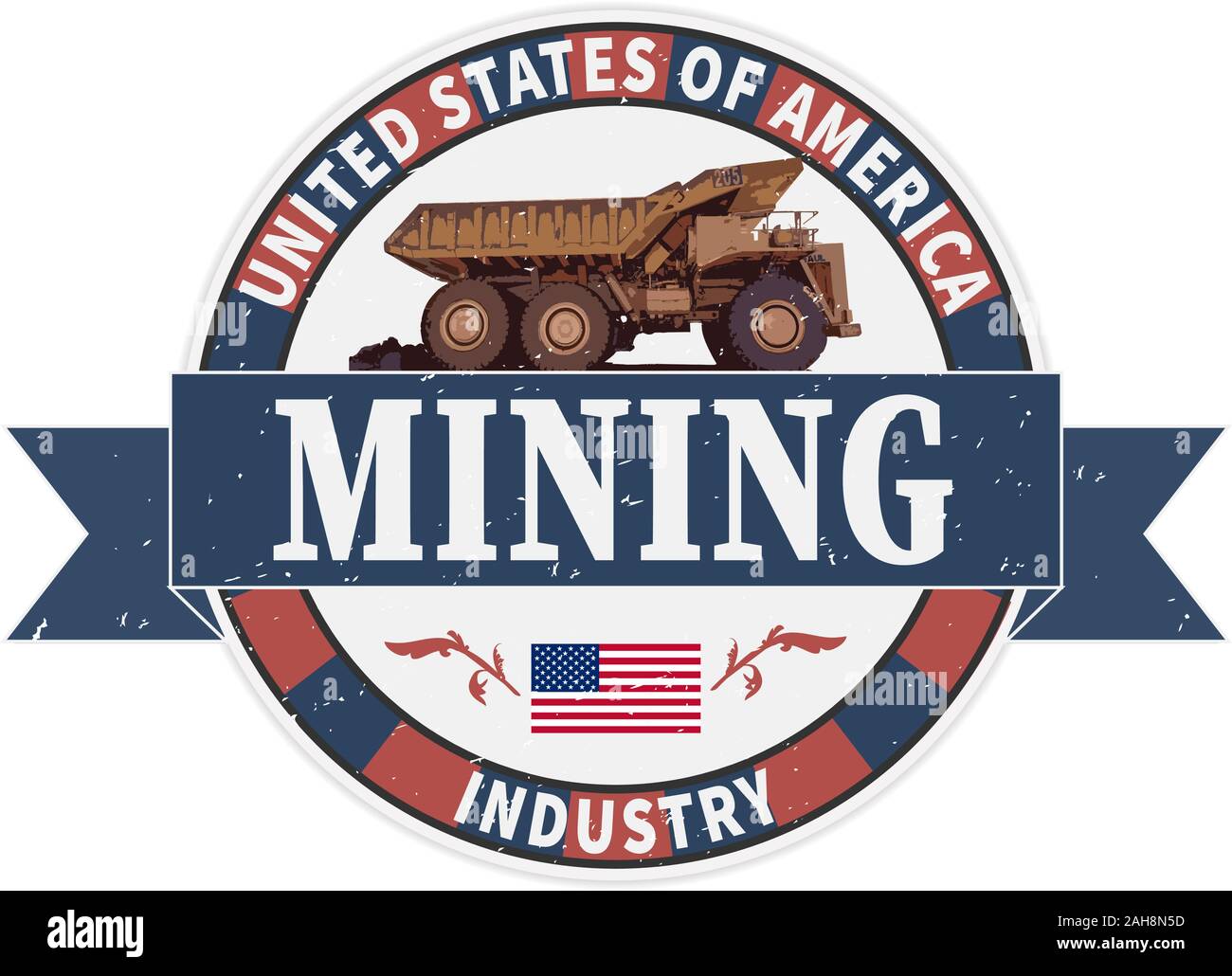 Vintage emblema dell'industria mineraria con haul carrello, etichetta e badge mining, illustrazione Illustrazione Vettoriale