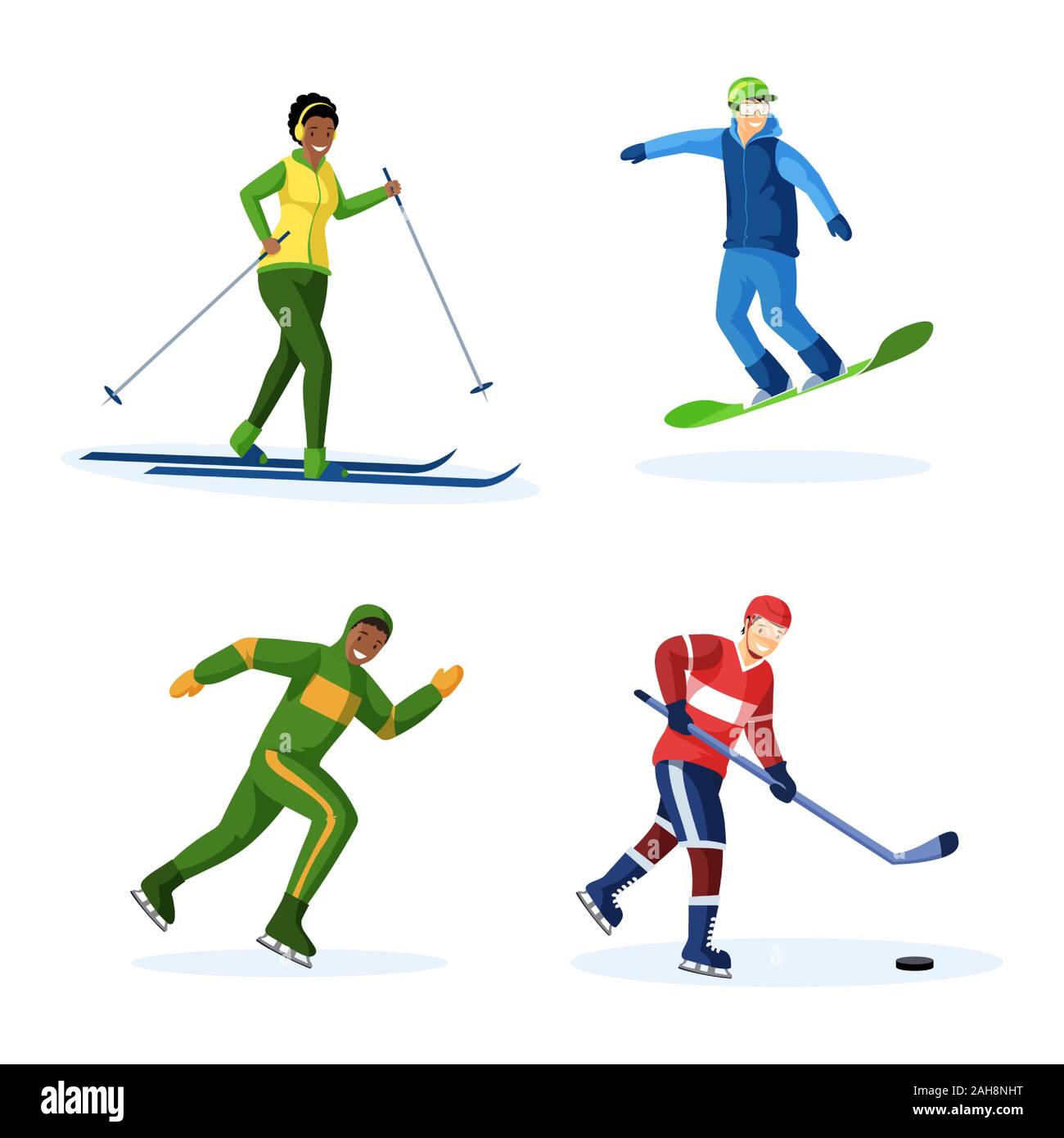 Attività invernali flat illustrazioni vettoriali set. Donna sci, uomini pattinaggio, snowboard e giocare ad hockey, facendo sport estremi, divertendosi. Sciatore, skater personaggi dei cartoni animati isolato su bianco Illustrazione Vettoriale