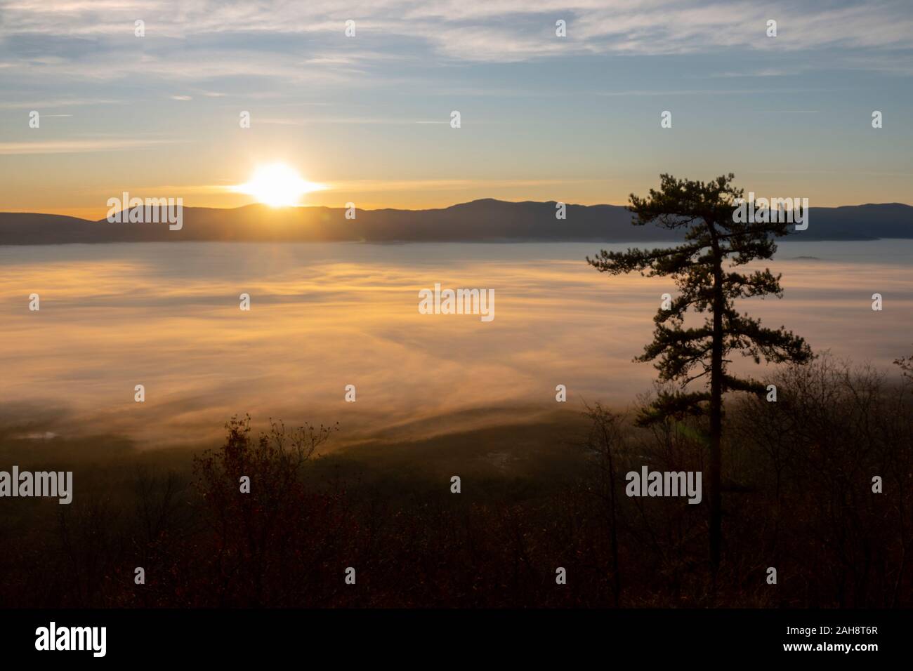 Stati Uniti Virginia VA Luray Fiume Shenandoah Valley terra della nebbia copre la valle della contea di pagina sunrise Foto Stock