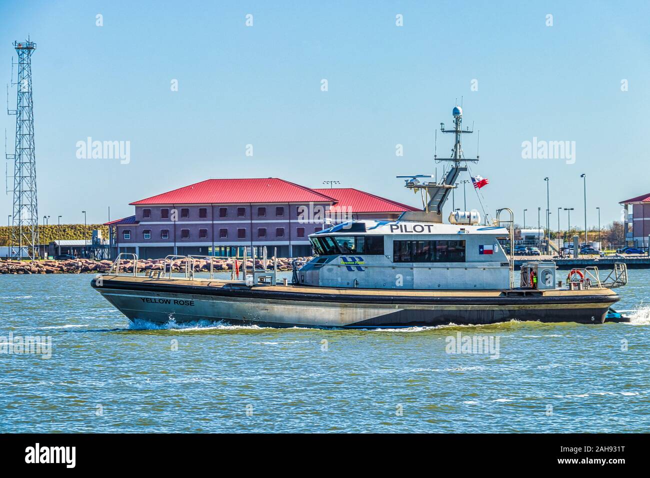 Barca pilota in Galveston nave canale, Galveston, Texas. Foto Stock