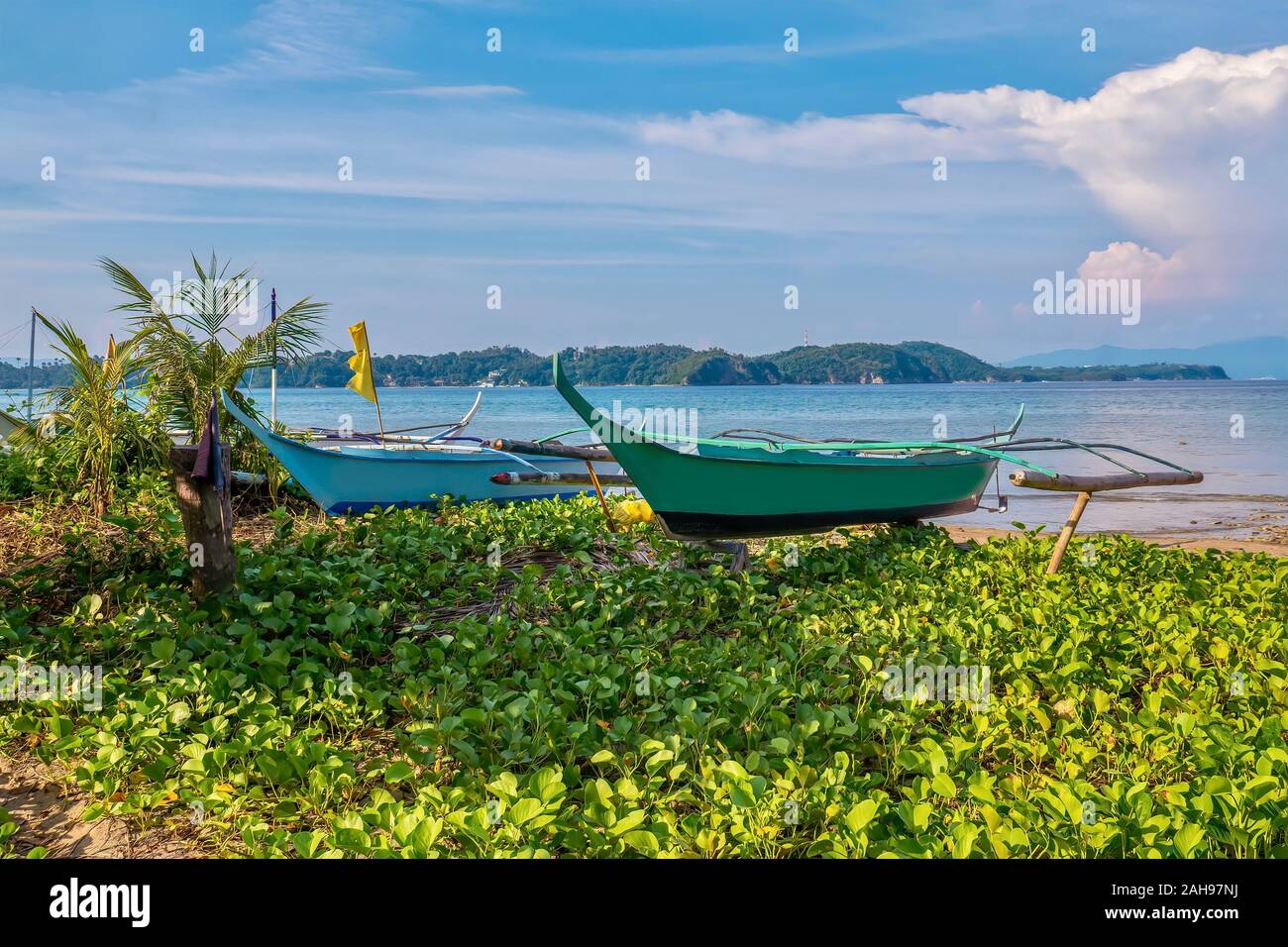 Una pittoresca scena su un isola tropicale nelle Filippine, come piccole casette di legno outrigger barche da pesca vengono tirati su una spiaggia che ha vegetazione. Foto Stock