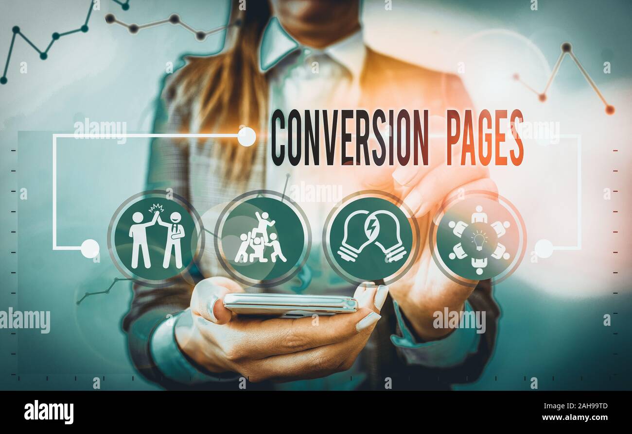 La grafia la scrittura di testo pagine di conversione. Foto concettuale viene visualizzato in risposta al clic su un motore di ricerca Foto Stock