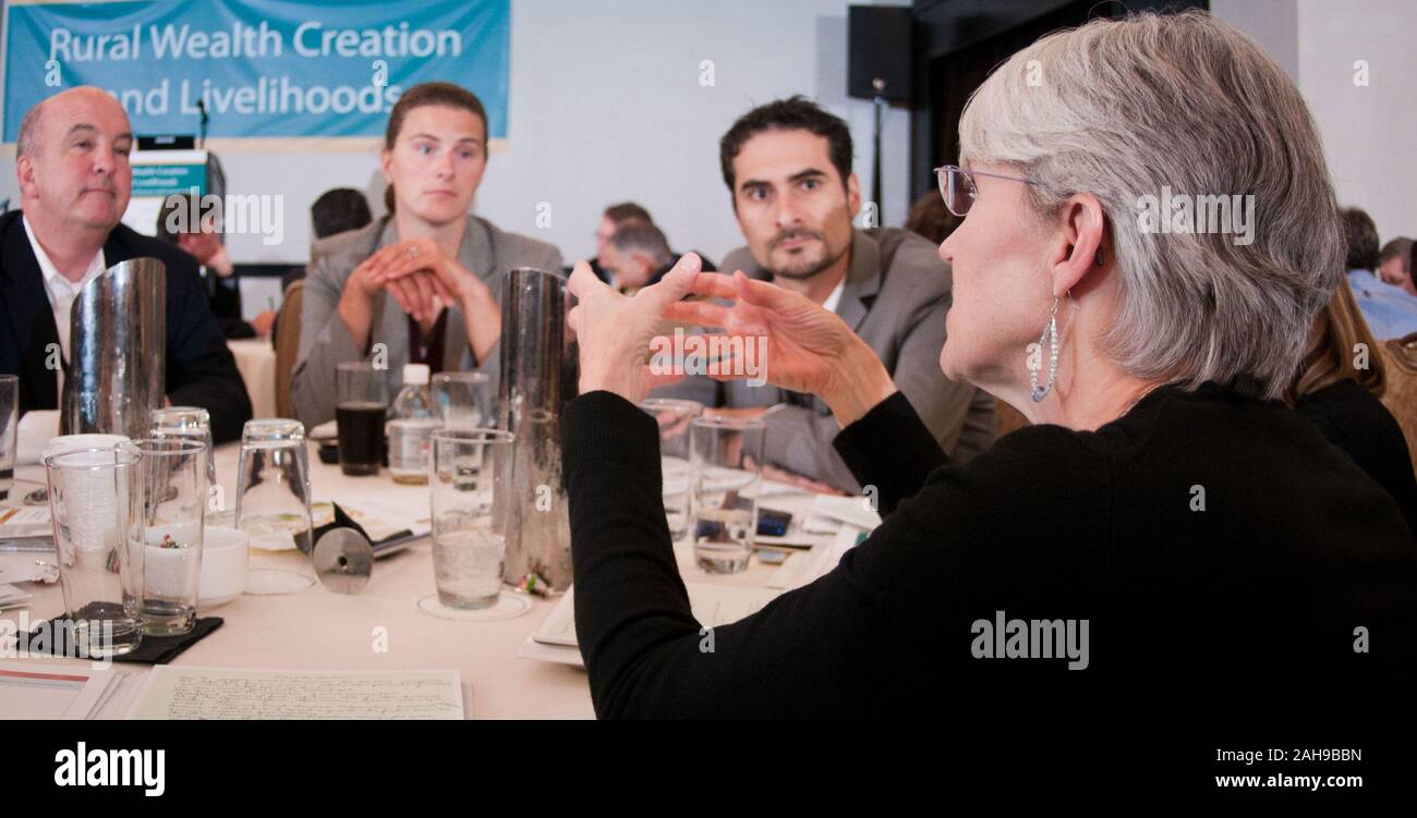 Deborah Markley (r). discute un argomento con il suo gruppo di altri partipants, durante la sessione generale del mondo rurale della creazione di ricchezza e di mezzi di sussistenza conferenza nazionale per i professionisti, ricercatori e responsabili politici, tenutosi presso la Dupont Hotel di Washington DC, lunedì 3 ottobre 2011. Foto Stock