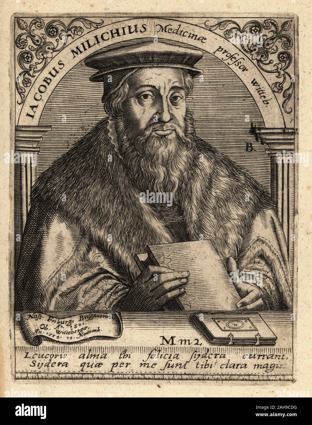 Giacobbe Milich, matematico tedesco, medico e astronomo, 1501-1559. Professore a Wittenberg University, Germania. Jacobus Milichus Medicinae Professor Witteb. Incisione su rame di Johann Theodore de Bry da Jean-Jacques Boissard La Bibliotheca chalcographica, Johann Ammonius, Francoforte, 1650. Foto Stock
