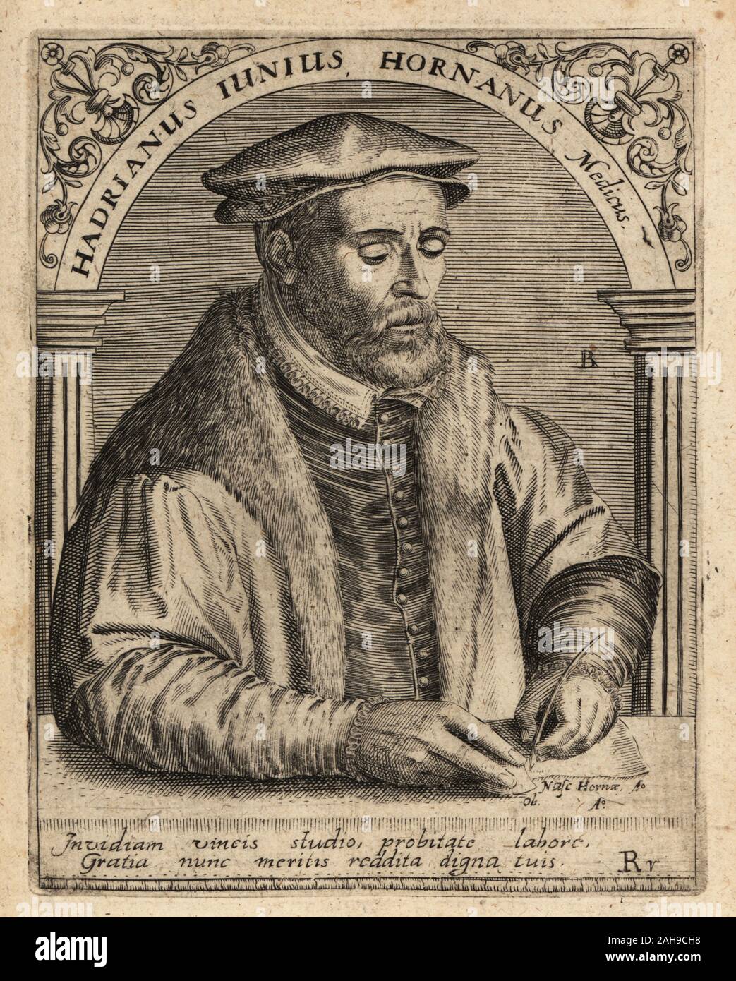 Adriaen de Jonghe, medico olandese, studioso classico, traduttore, lessicografo, antiquario, storiografo, emblematist, rettore della scuola e poeta latino 1511-1575. Hadrianus Junius Hornanus Medicus. Incisione su rame di Johann Theodore de Bry da Jean-Jacques Boissard La Bibliotheca chalcographica, Johann Ammonius, Francoforte, 1650. Foto Stock