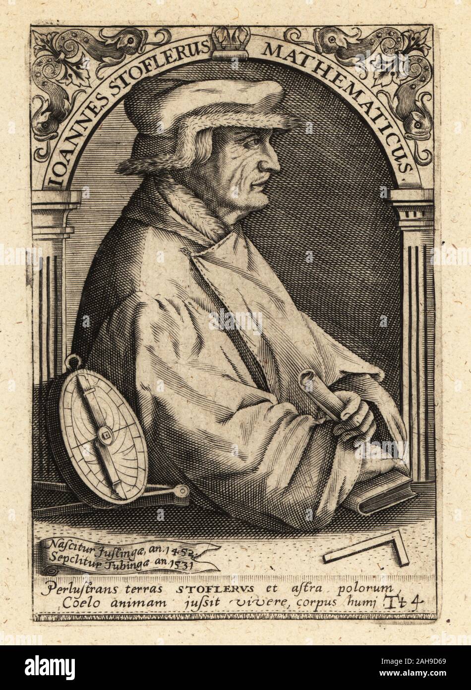 Johannes Stoffler, matematico tedesco, astronomo e astrologo, sacerdote, costruttore di strumenti astronomici e professore presso l'Università di Tubinga, 1472-1531. Joannes Stoflerus Mathematicus. Incisione su rame di Johann Theodore de Bry da Jean-Jacques Boissard La Bibliotheca chalcographica, Johann Ammonius, Francoforte, 1650. Foto Stock