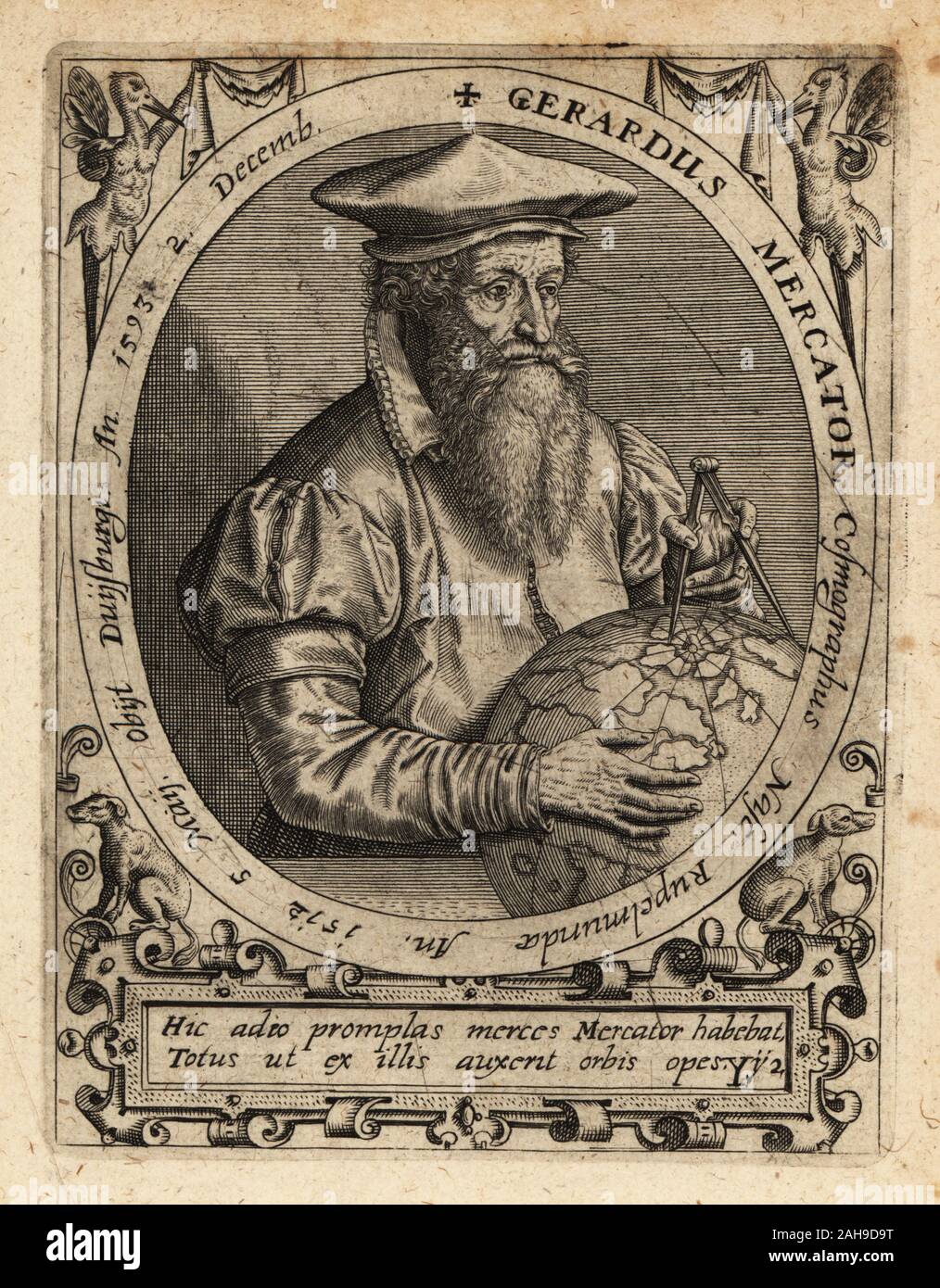 Gerardus Mercator, geografo, cosmografo e cartografo dalle Fiandre, 1512-1594. Incisione su rame di Johann Theodore de Bry da Jean-Jacques Boissard La Bibliotheca chalcographica, Johann Ammonius, Francoforte, 1650. Foto Stock