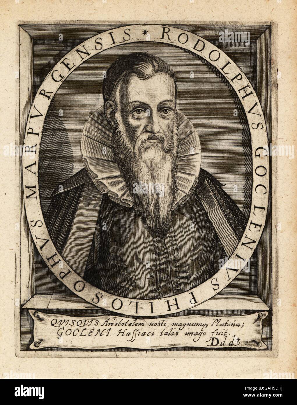 Rudolph Goclenius il sambuco, Tedesco filosofo scolastico, 1547-1628. Rodolphus Goclenius Philosophus Marpurgenis. Incisione su rame di Johann Theodore de Bry da Jean-Jacques Boissard La Bibliotheca chalcographica, Johann Ammonius, Francoforte, 1650. Foto Stock