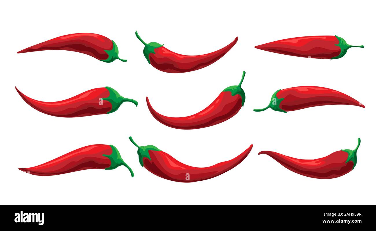 Red hot chili pepper set isolato su uno sfondo bianco. Illustrazione Vettoriale. Illustrazione Vettoriale