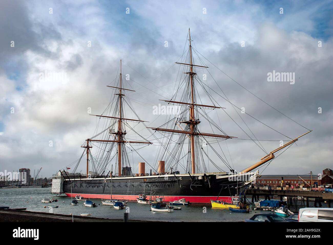 HMS Warrior era Gran Bretagna il primo scafo in ferro corazzata costruita nel 1860 ed è ormeggiata in Portsmouth, Regno Unito Foto Stock
