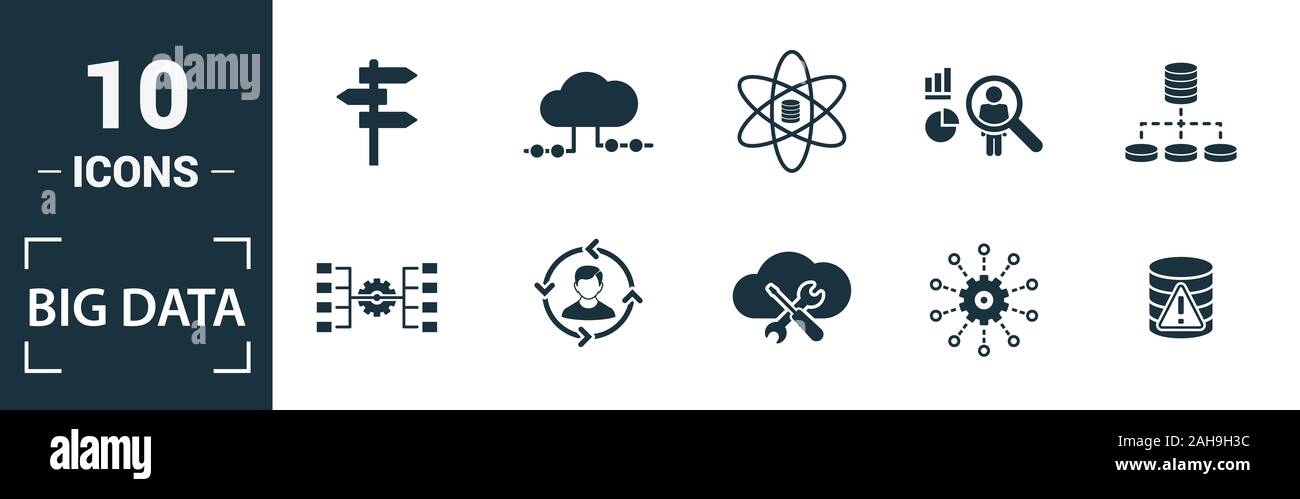 Grande icona dati impostata. Includere elementi creativi cloud hosting, gestione del cloud, i dati della scienza, sistema di pattern, ambiguità icone. Può essere utilizzato per il report Foto Stock