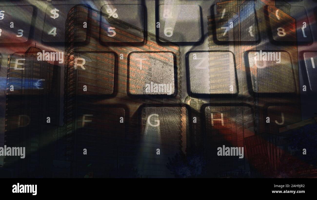 Smart city concetto con tastiera tedesca di un laptop sovraesposte sui grattacieli in chiave di basso Digitally Enhanced image. Foto Stock