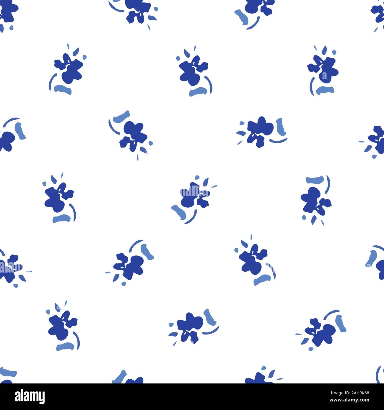 Blu Hand-Drawn Ditsy Folk margherite classico vettore floreali Seamless Pattern su sfondo bianco. Fiori Folk sfondo monocromo Illustrazione Vettoriale
